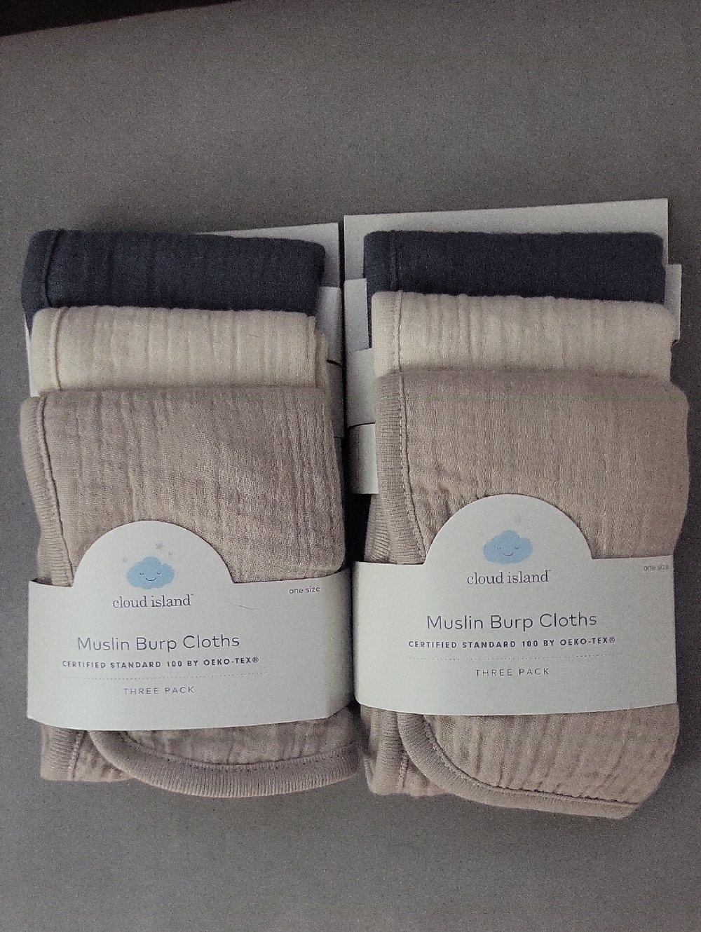 cloud island Muslin Burp Cloths - Slate, Cream & Beige - 2 Three-Packs